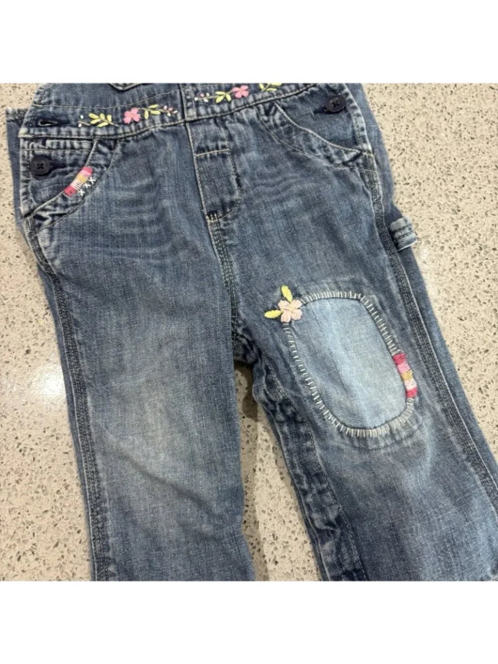 Baby Gap Denim Overalls Girls 12-18 Months Floral Embroidery Patch Distressed